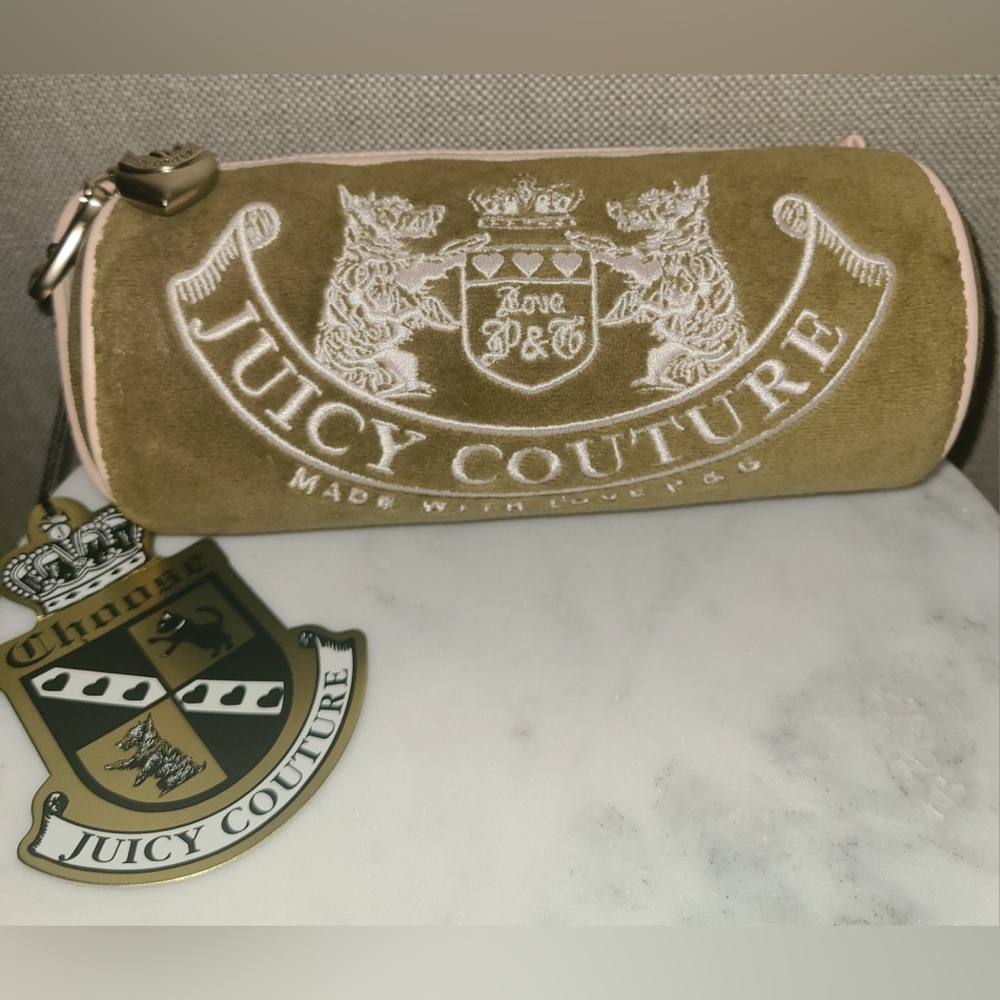 Rare Juicy Couture Barrel Makeup Bag Purse Olive Green & Light Pink Leather NWT